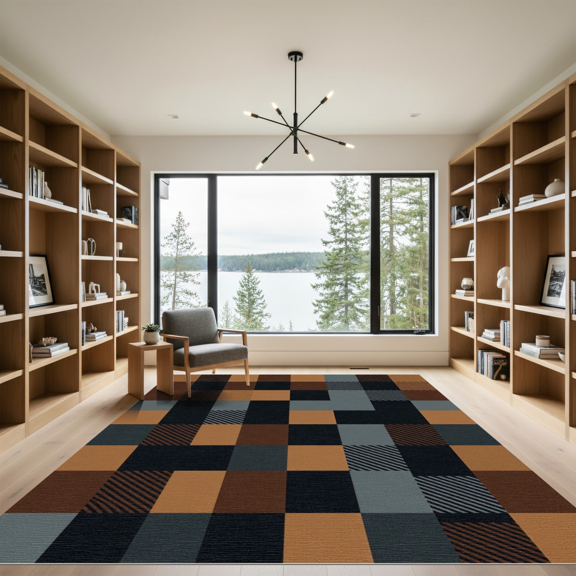 Modern Geometric Plaid Copper Gray Block Rug