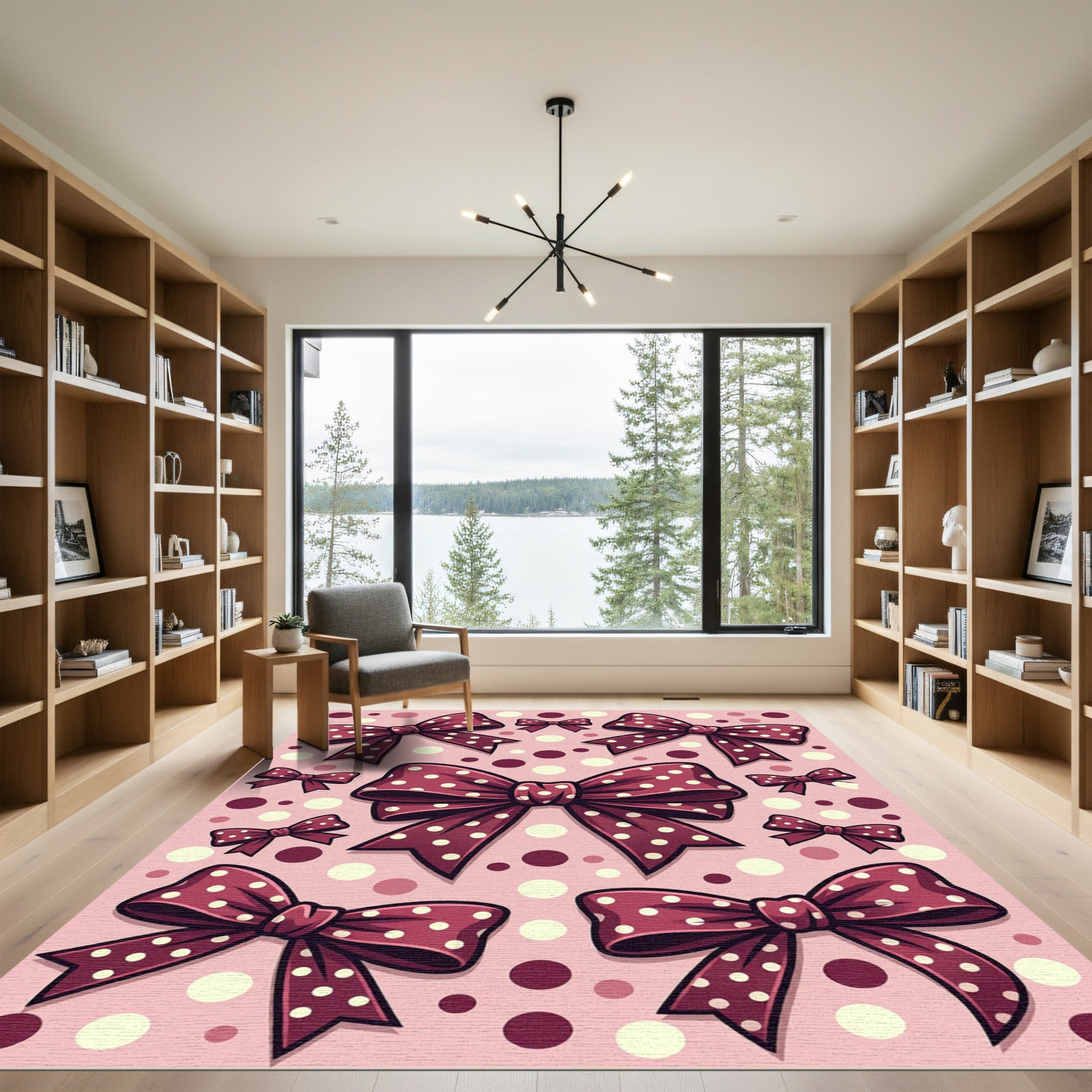 Polka Dot Maroon Bows on Pink Rug