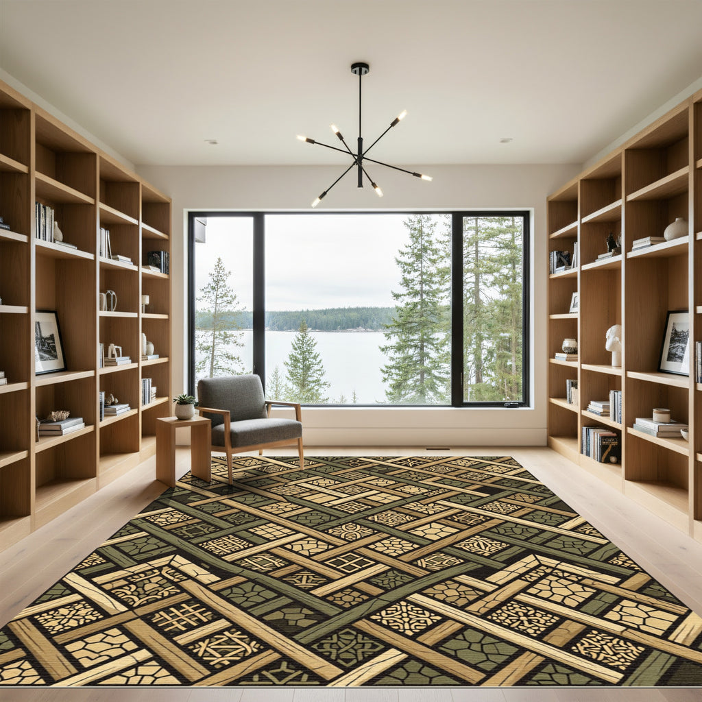 Earthy Olive Geometric Woven Lattice Rug