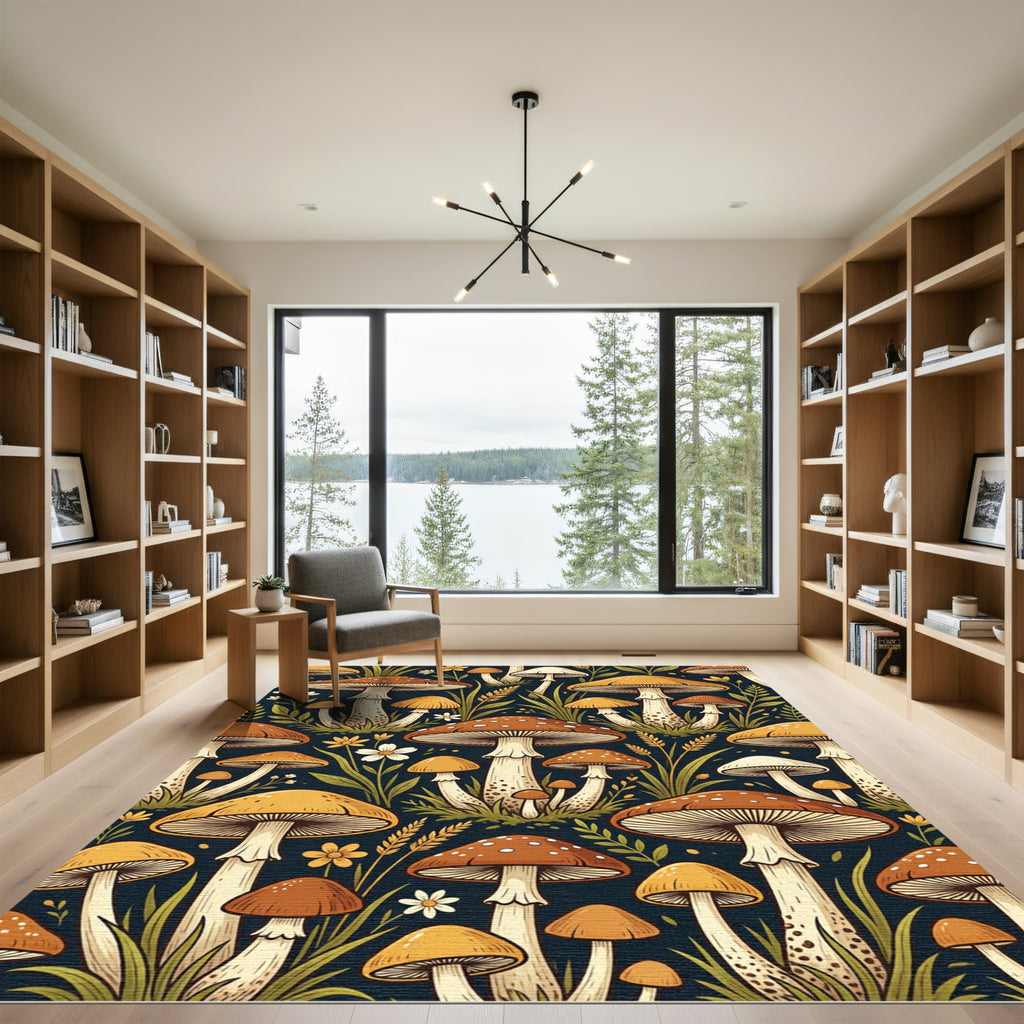 Earthy Forest Mushroom Botanical Illustration Rug