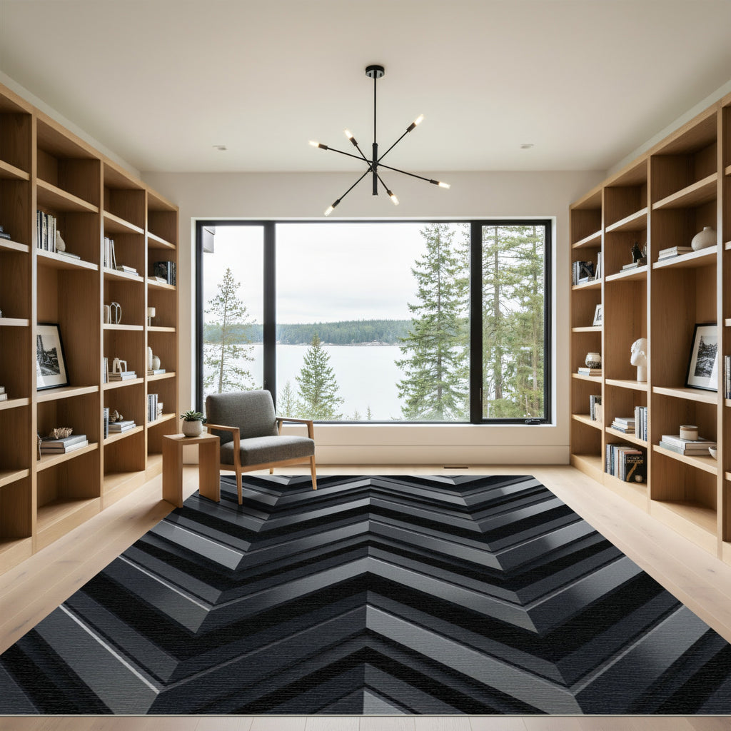 Sophisticated Charcoal Metallic Chevron Geometry Rug