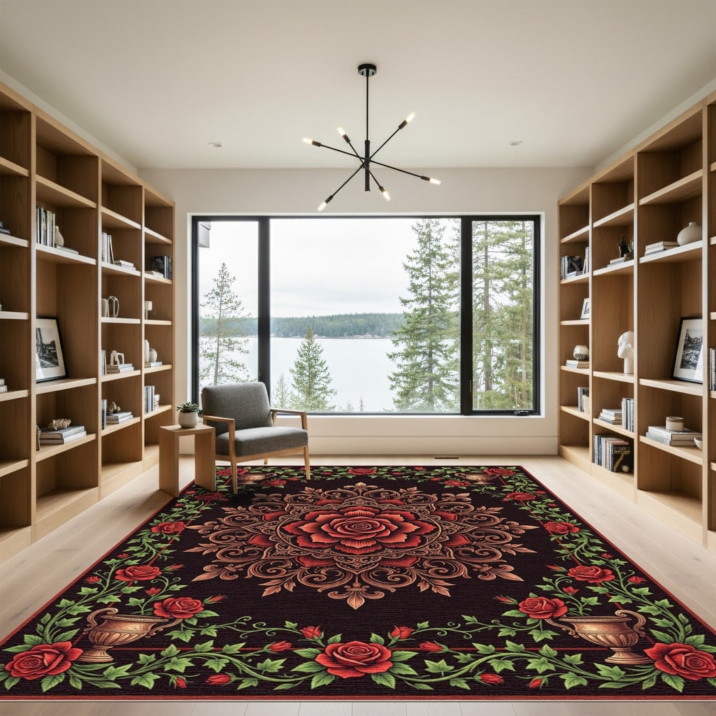 Rich Red Rose Floral Vine Mandala Rug