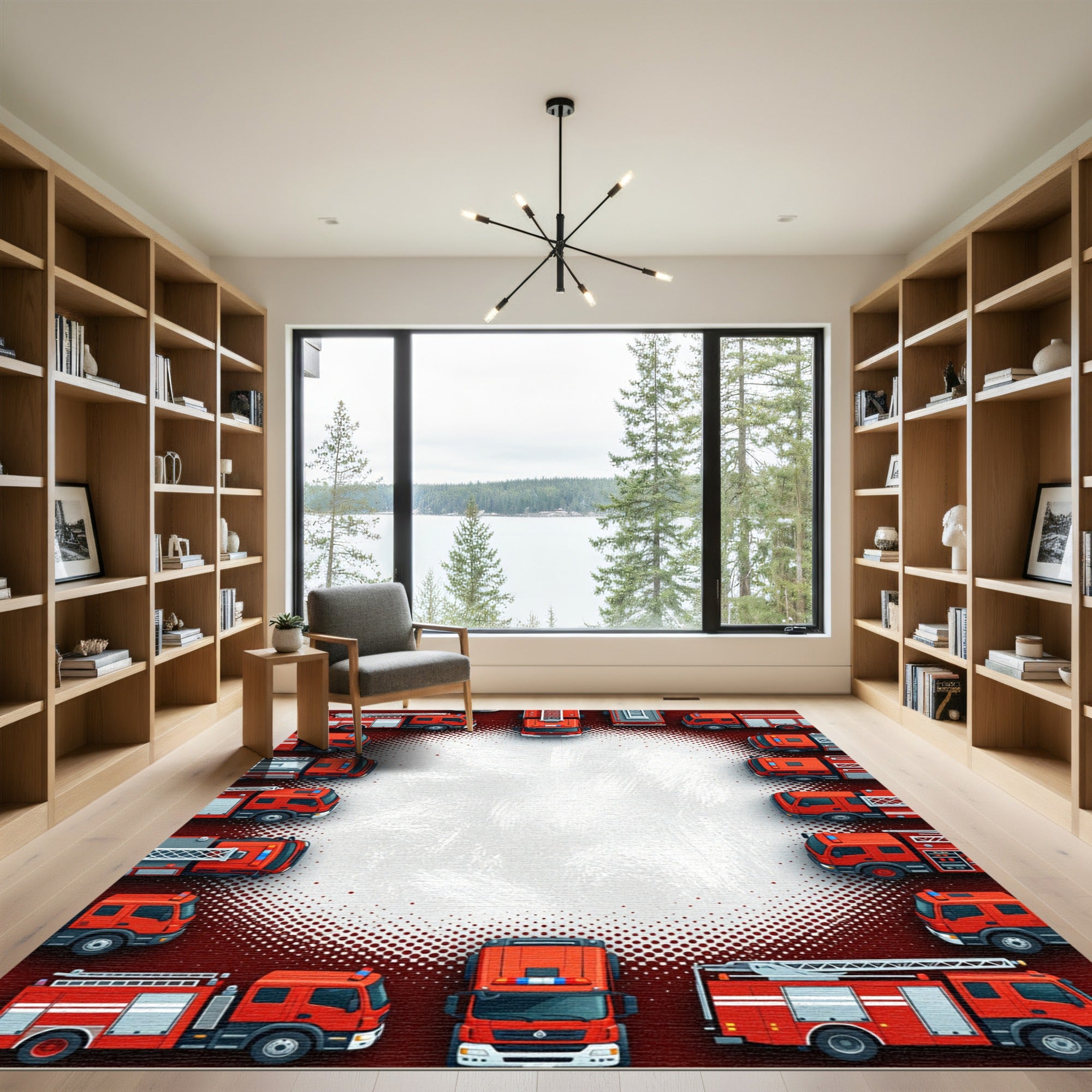 Vibrant Red Fire Truck Circular Border Rug