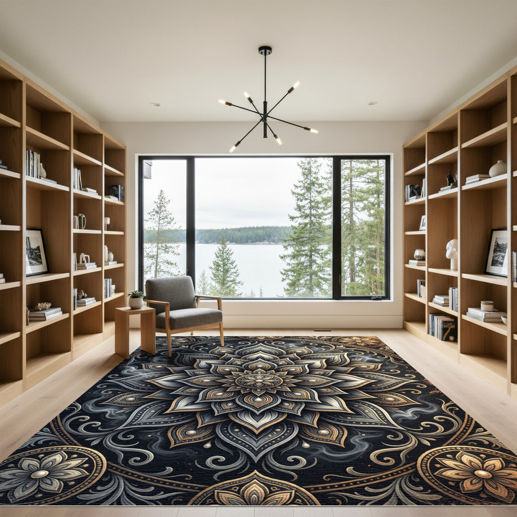 Elegant Gold and Charcoal Floral Mandala Rug