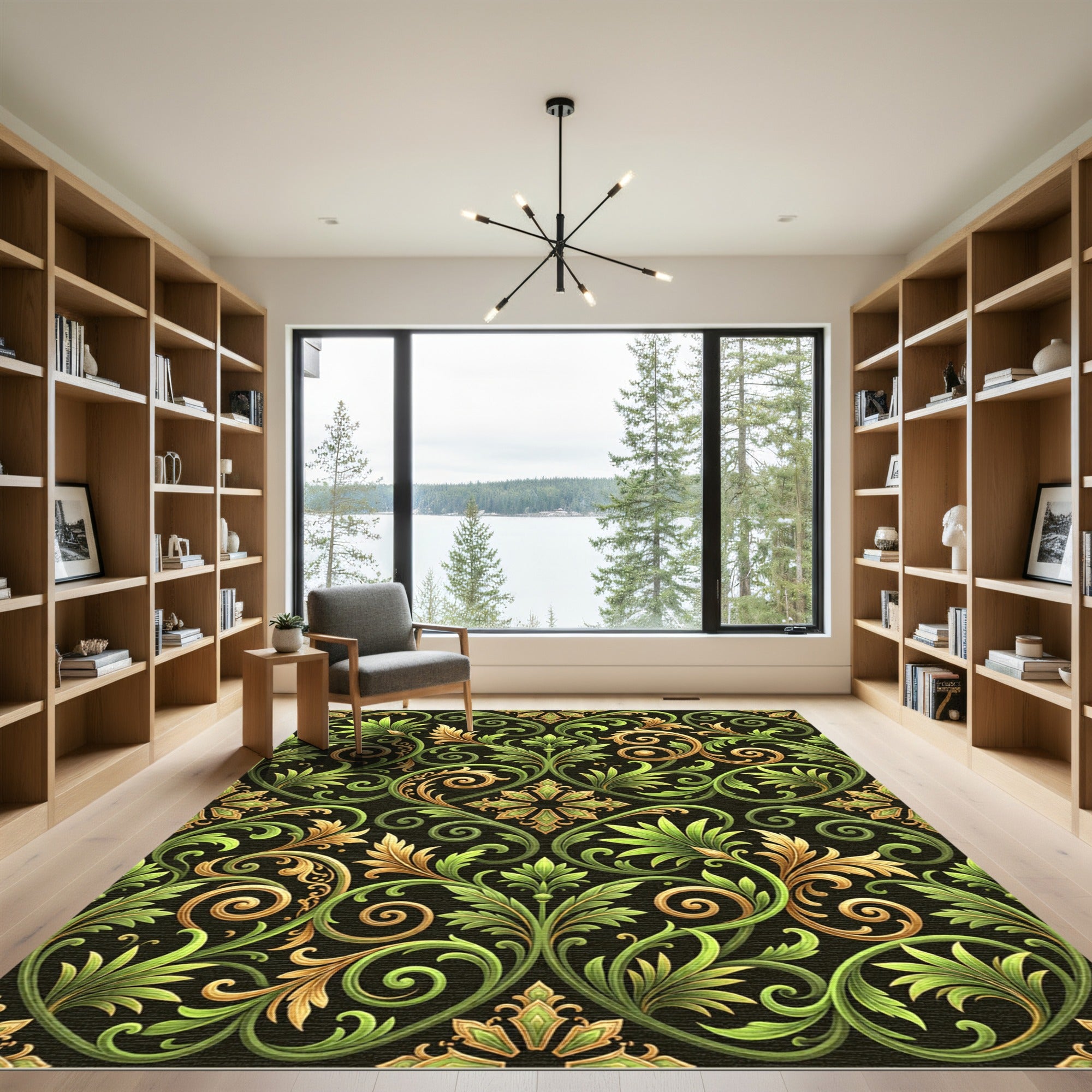 Green Gold Scroll Leaf Flourish Rug