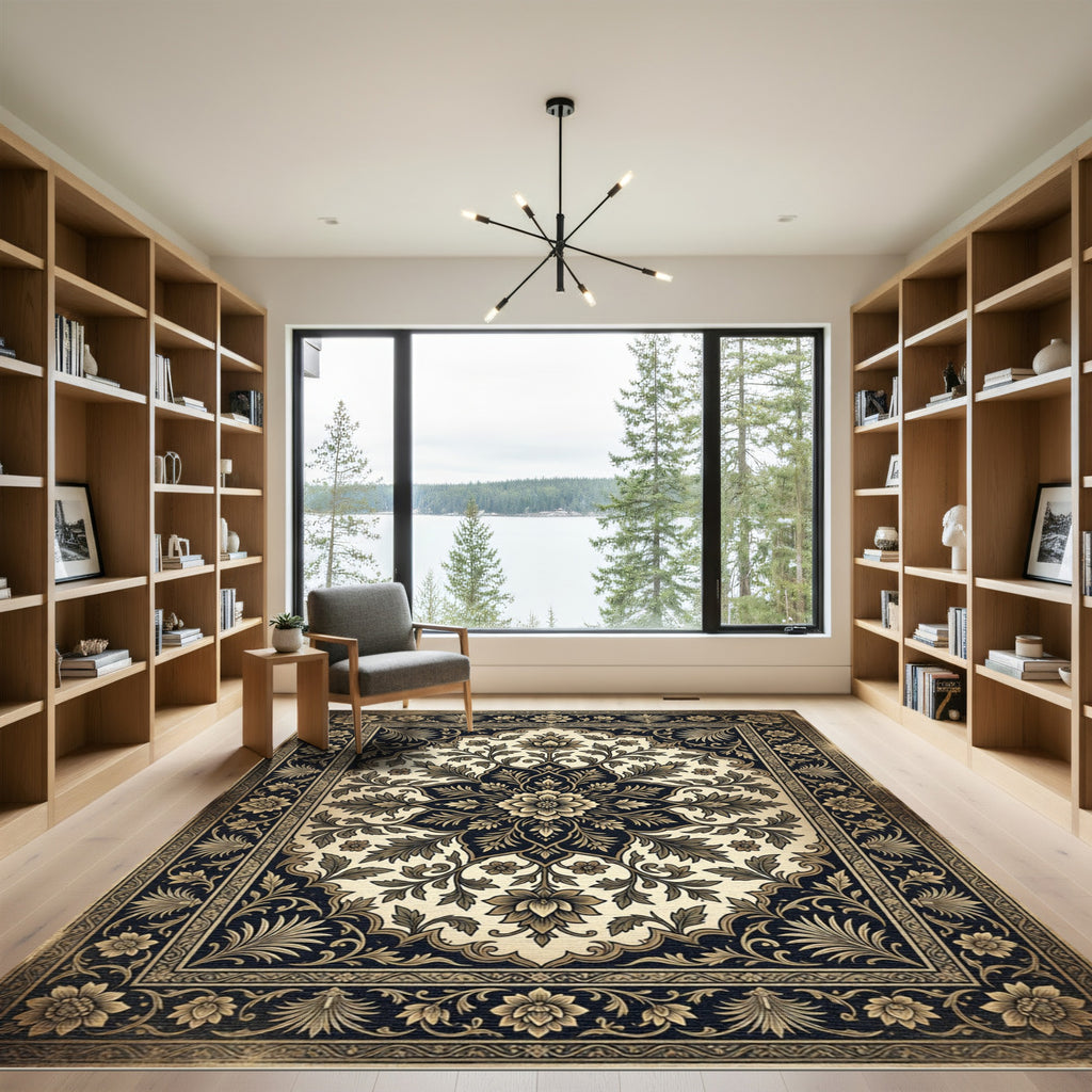 Classic Floral Medallion Cream Navy Rug