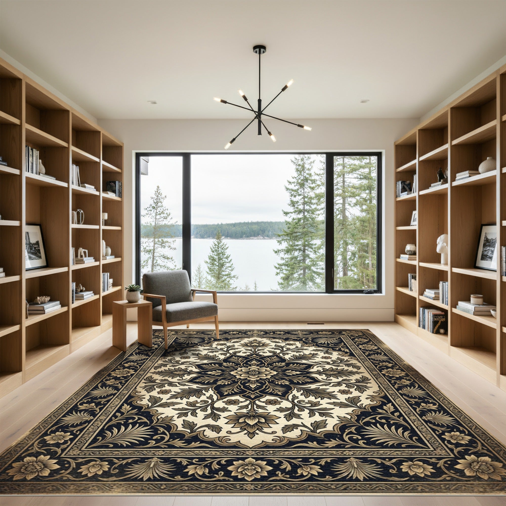 Classic Floral Medallion Cream Navy Rug
