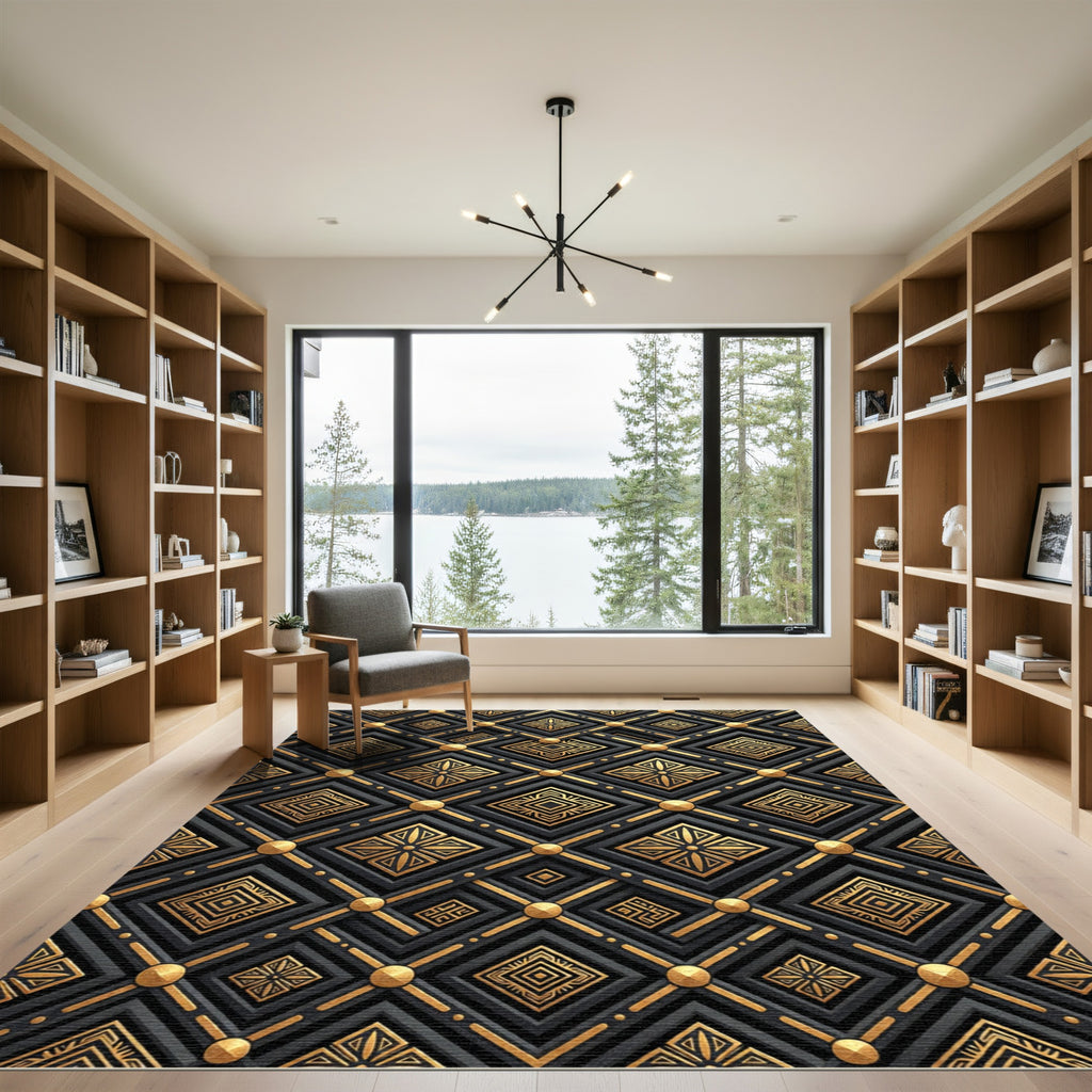 Art Deco Black Gold Diamond Lattice Rug