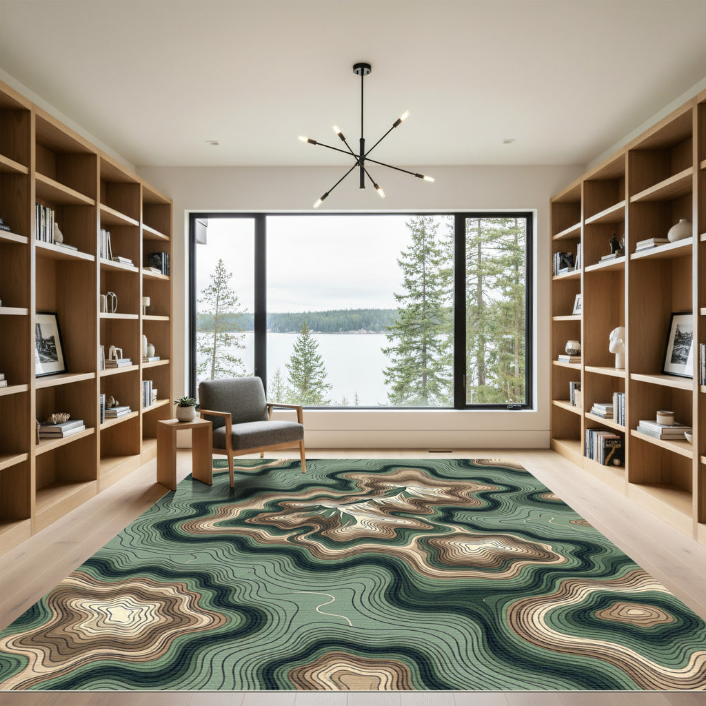 Earthy Green Topographic Contour Rug