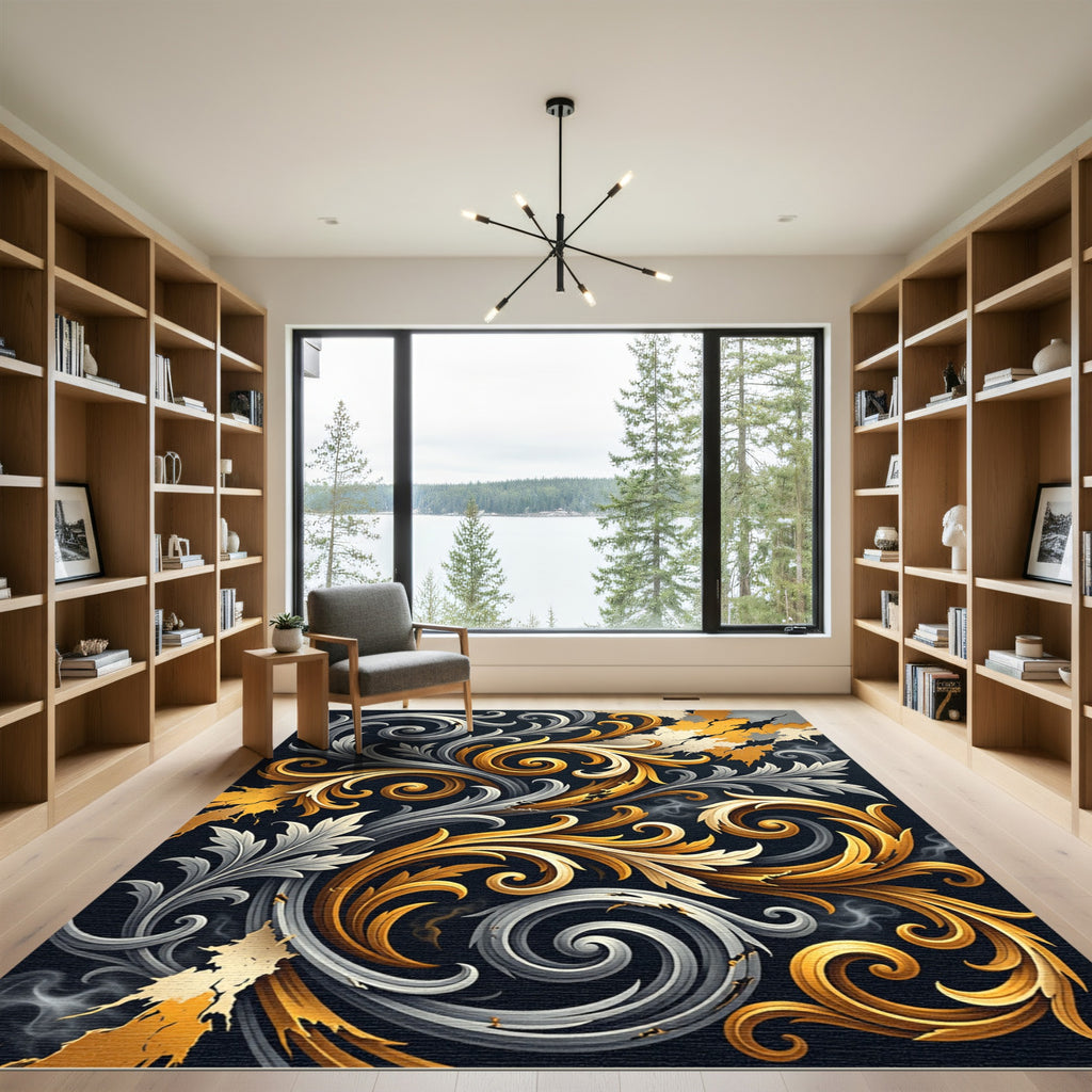Gilded Gold and Silver Baroque Swirl Rug