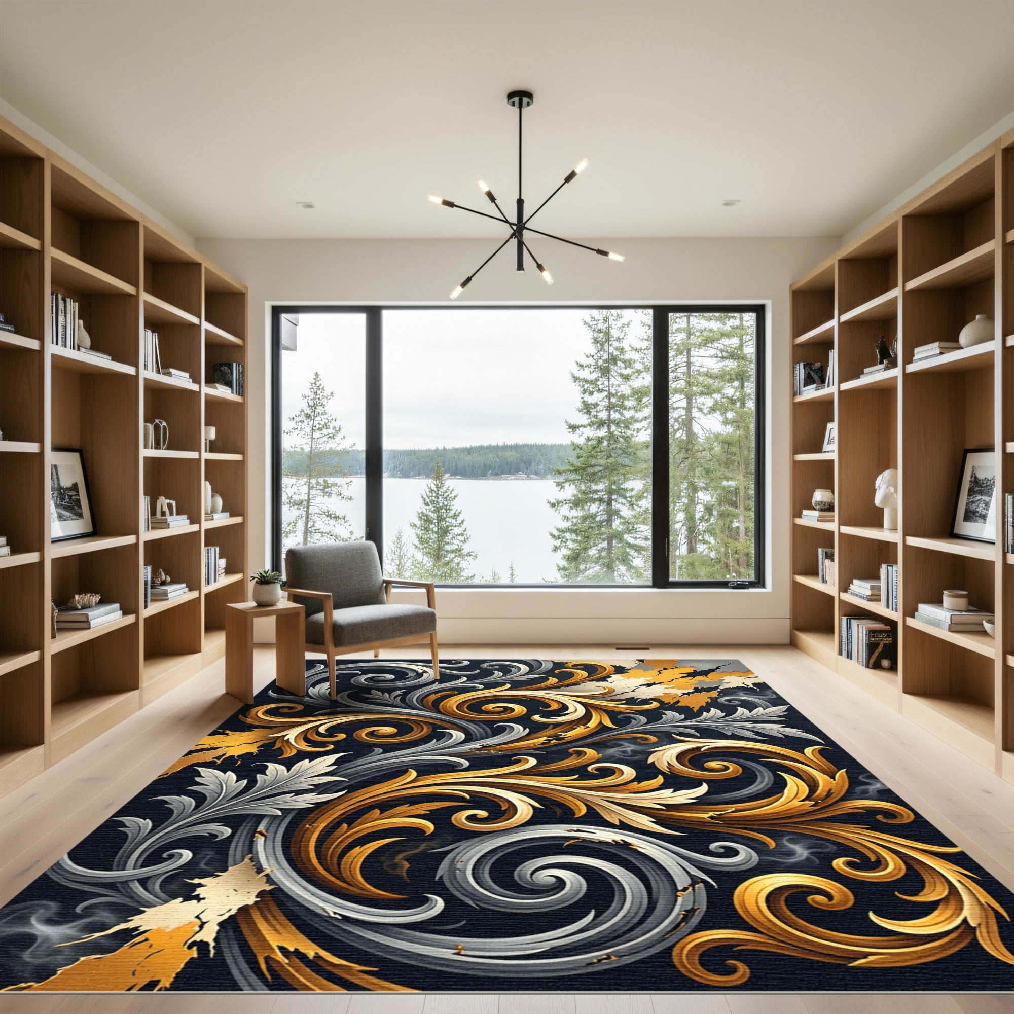 Gilded Gold and Silver Baroque Swirl Rug