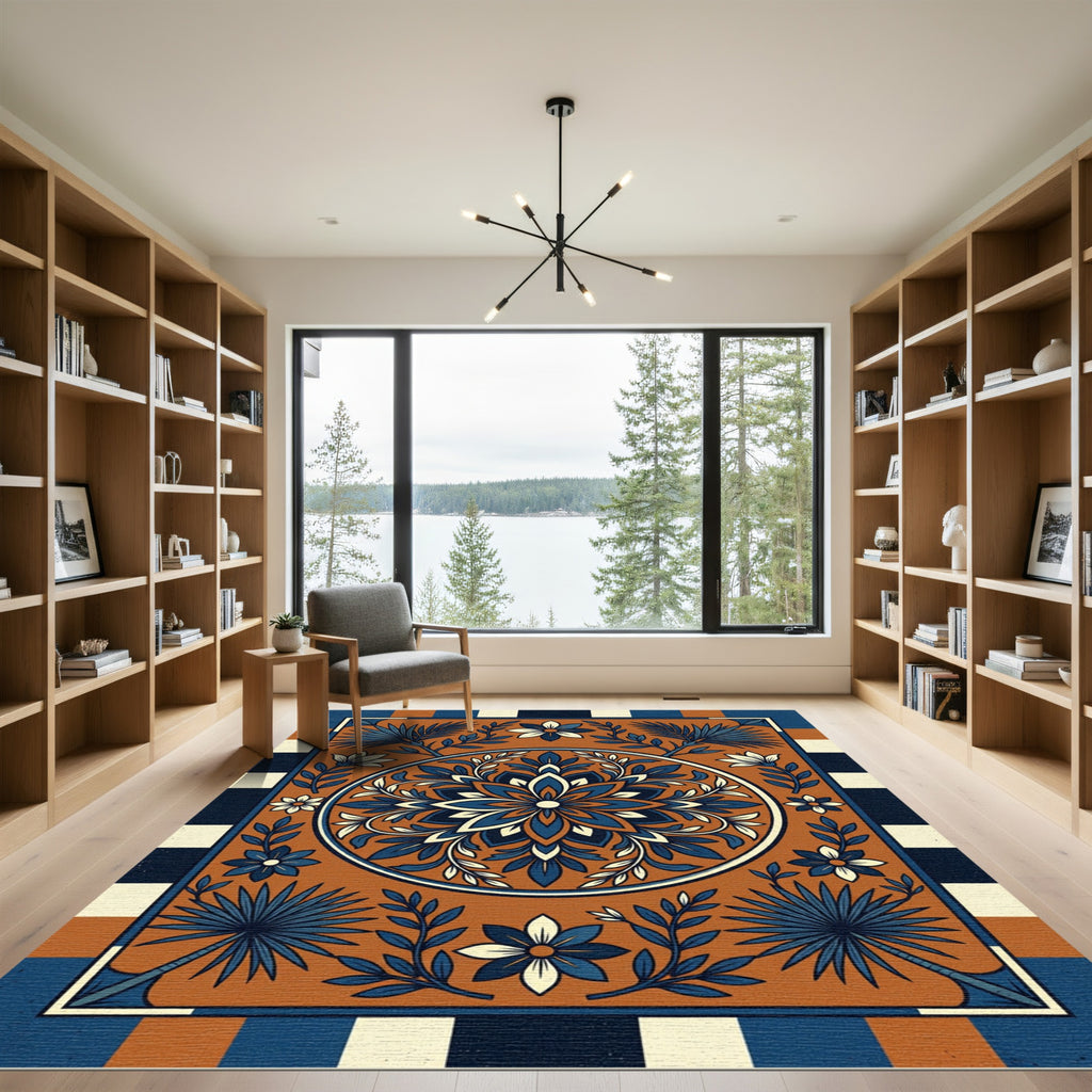 Terracotta Blue Floral Medallion Stripes Rug