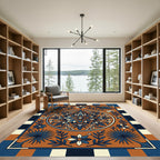 Terracotta Blue Floral Medallion Stripes Rug