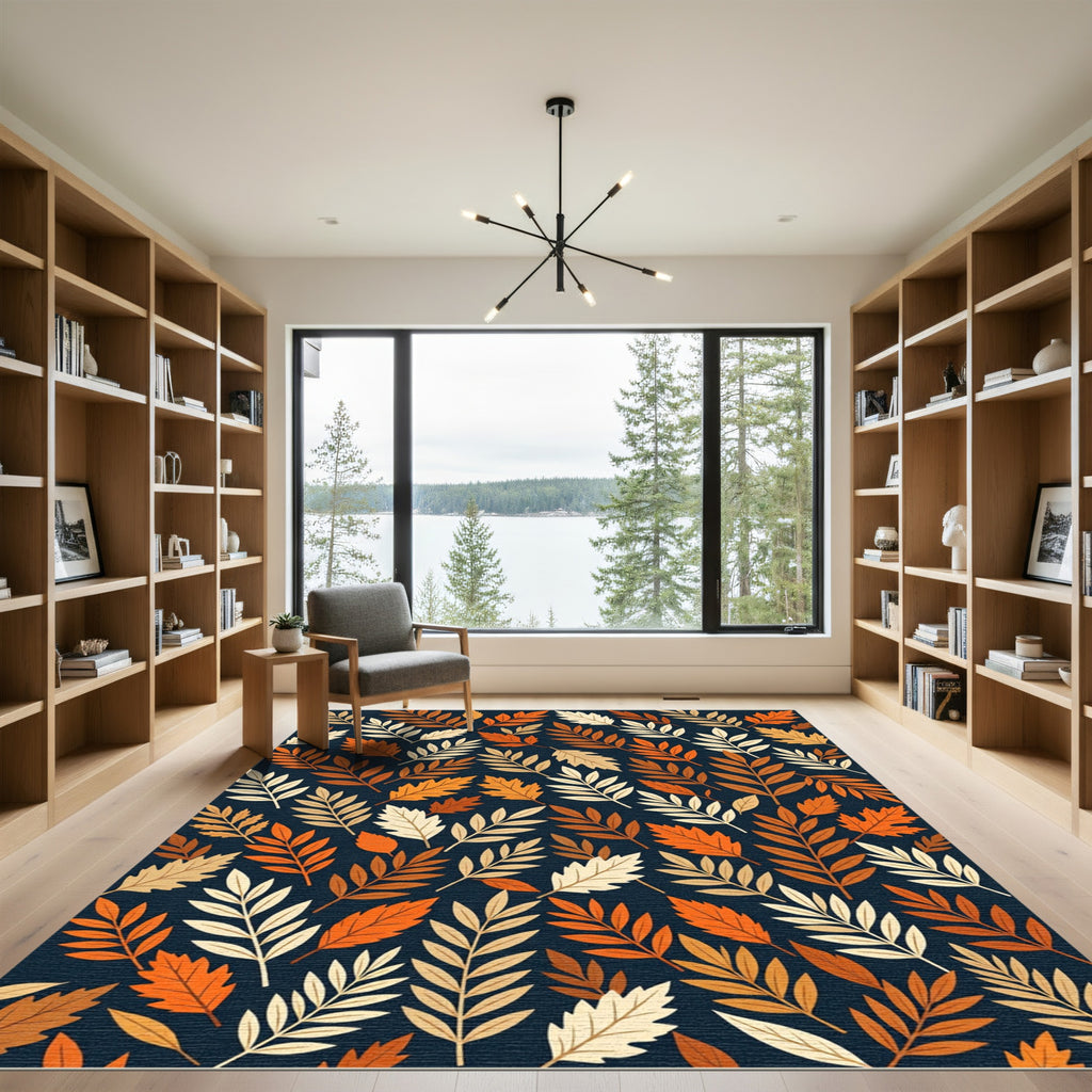 Autumnal Amber Leaf Botanical Navy Background Rug