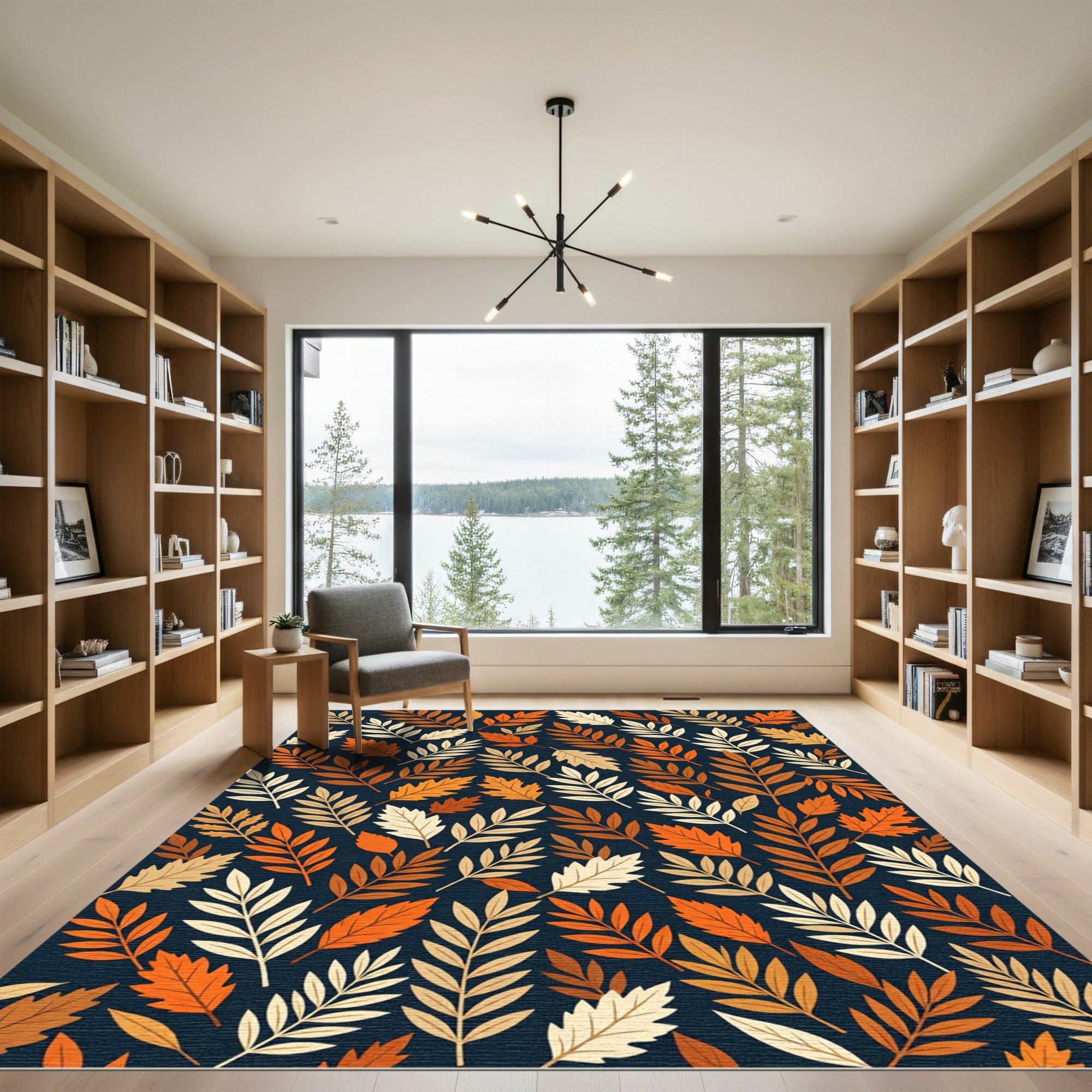 Autumnal Amber Leaf Botanical Navy Background Rug