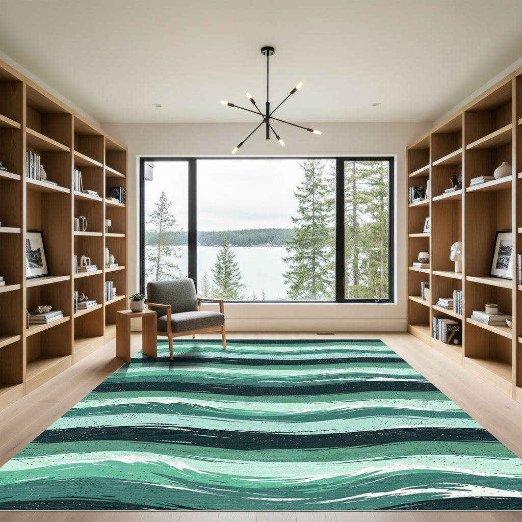 Teal Ocean Wave Textured Stripes Rug