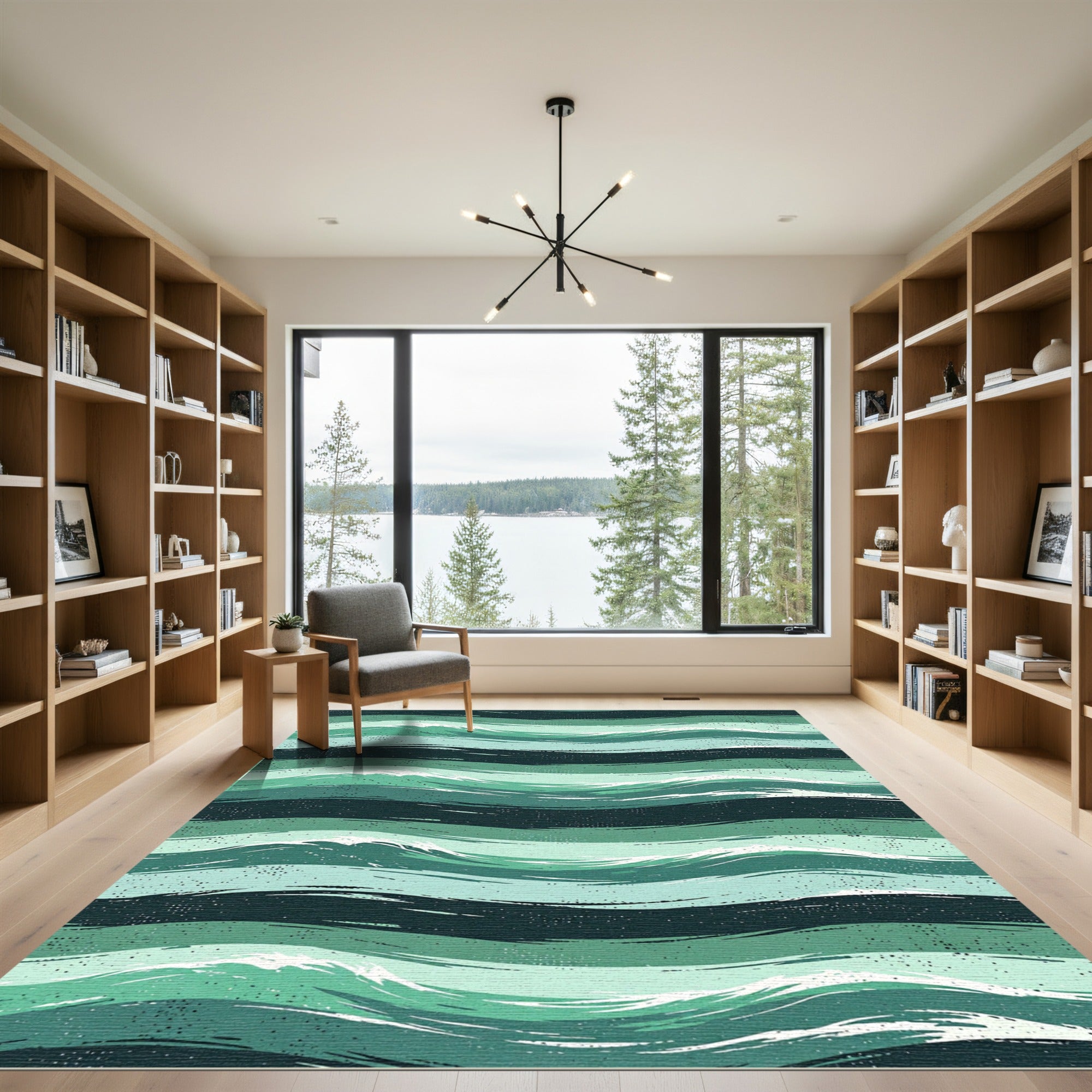 Teal Ocean Wave Textured Stripes Rug