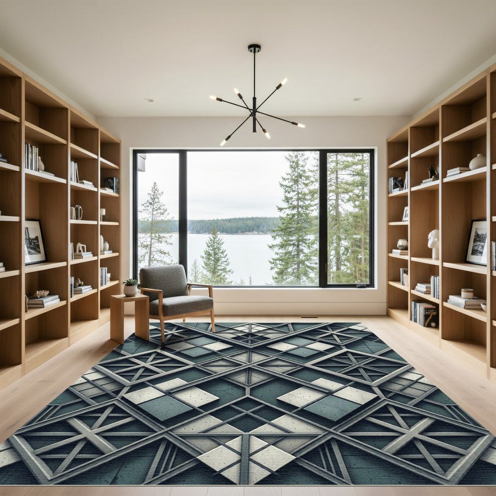 Architectural Slate Teal Geometric Grid Rug