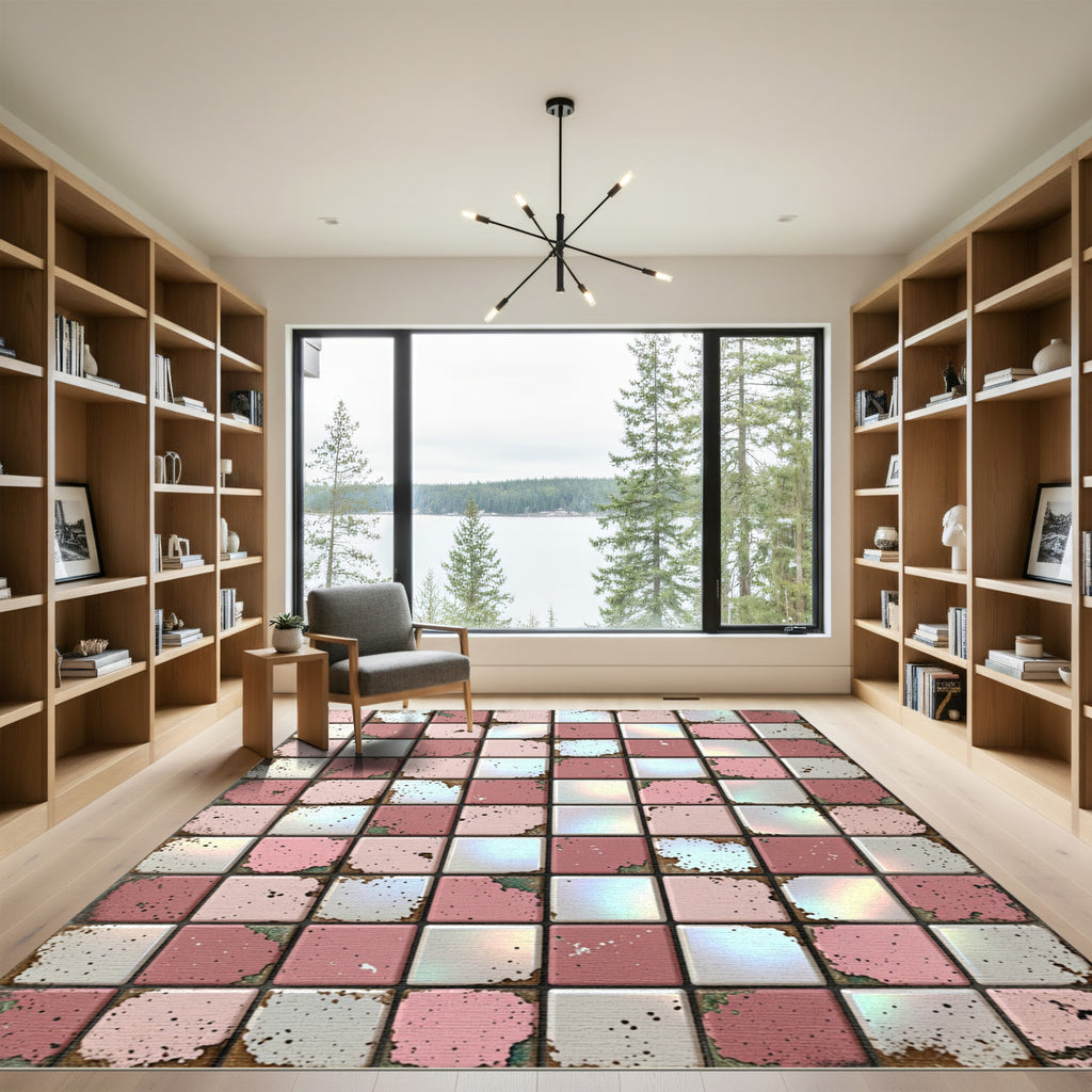 Distressed Pink White Square Mosaic Rug