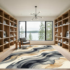 Abstract Swirling Charcoal and Sand Waves Rug