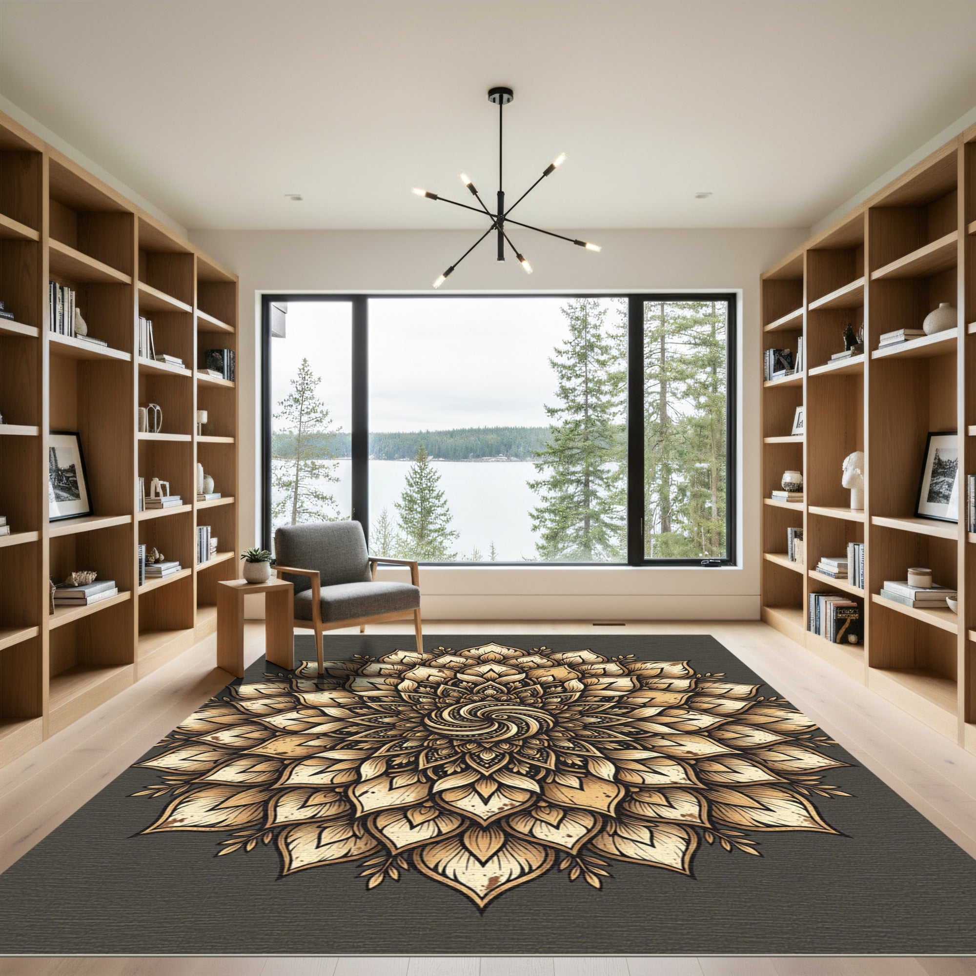 Golden Sepia Ethereal Swirl Mandala Rug