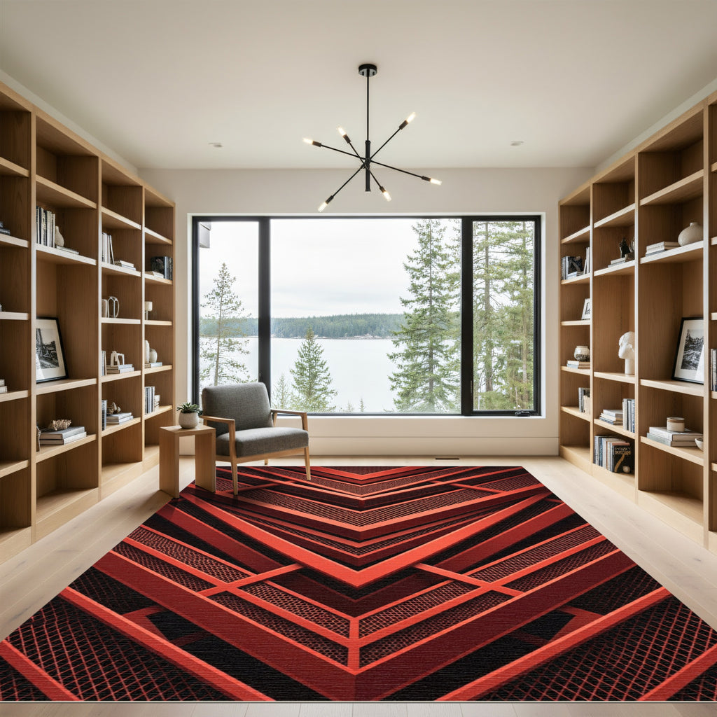 Modern Crimson Geometric Chevron Rug