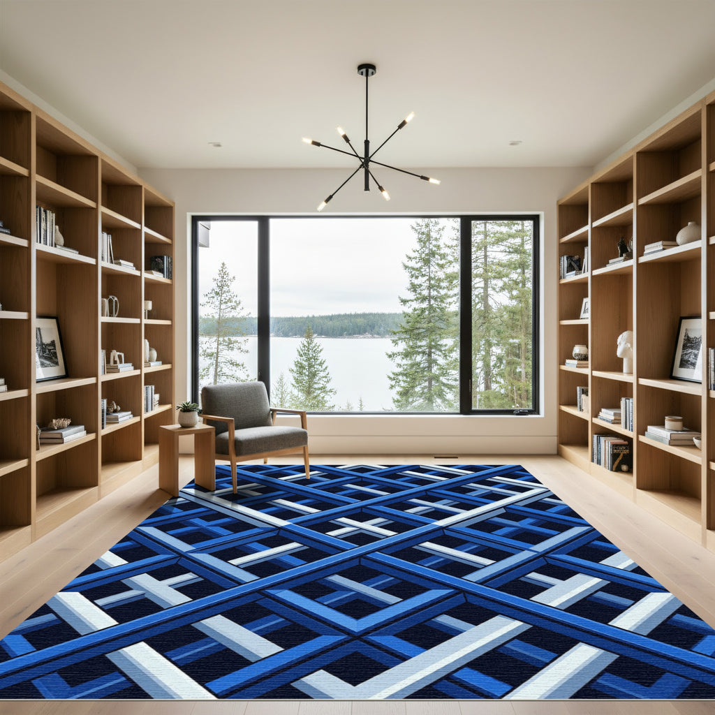 Deep Blue Interlocking Geometric Rug
