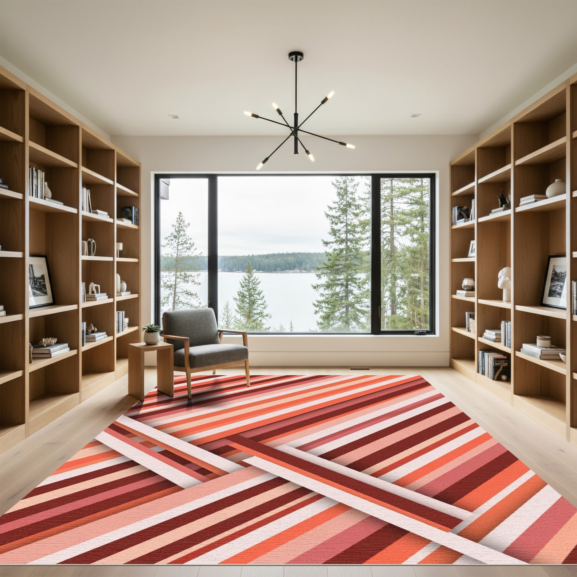 Modern Terracotta Linear Diagonal Stripe Rug