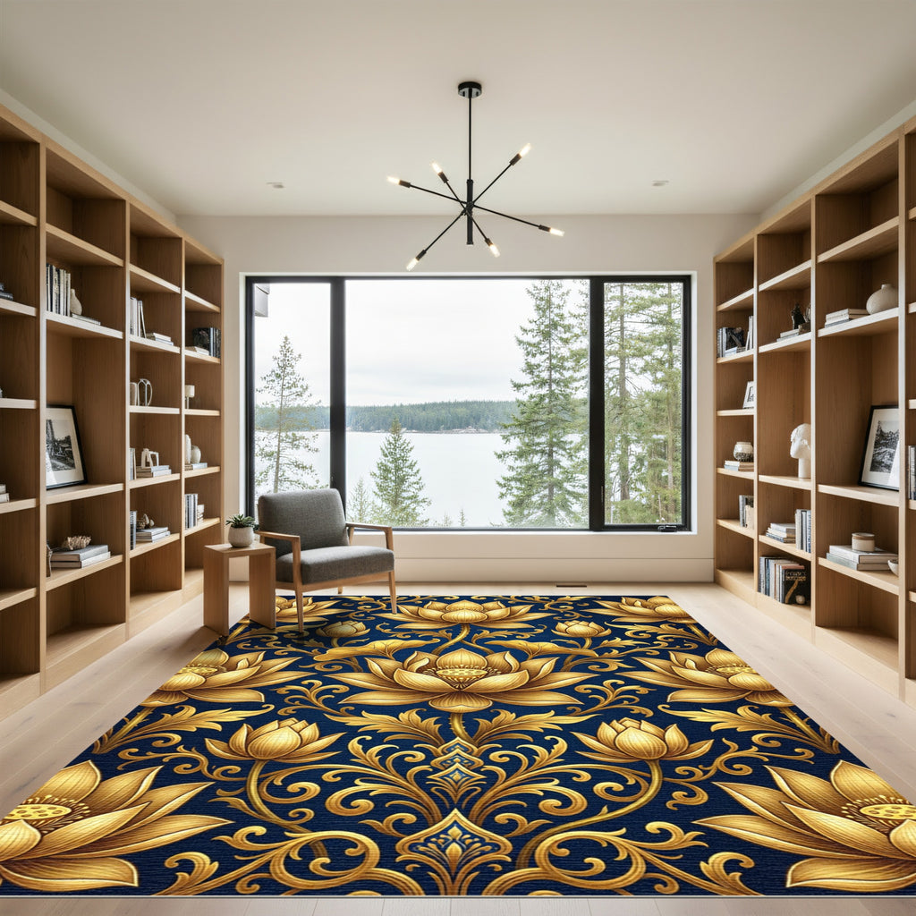 Golden Lotus Floral Navy Damask Rug