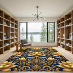 Golden Lotus Floral Navy Damask Rug