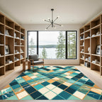 Teal and Gold Geometric Argyle Wave Rug
