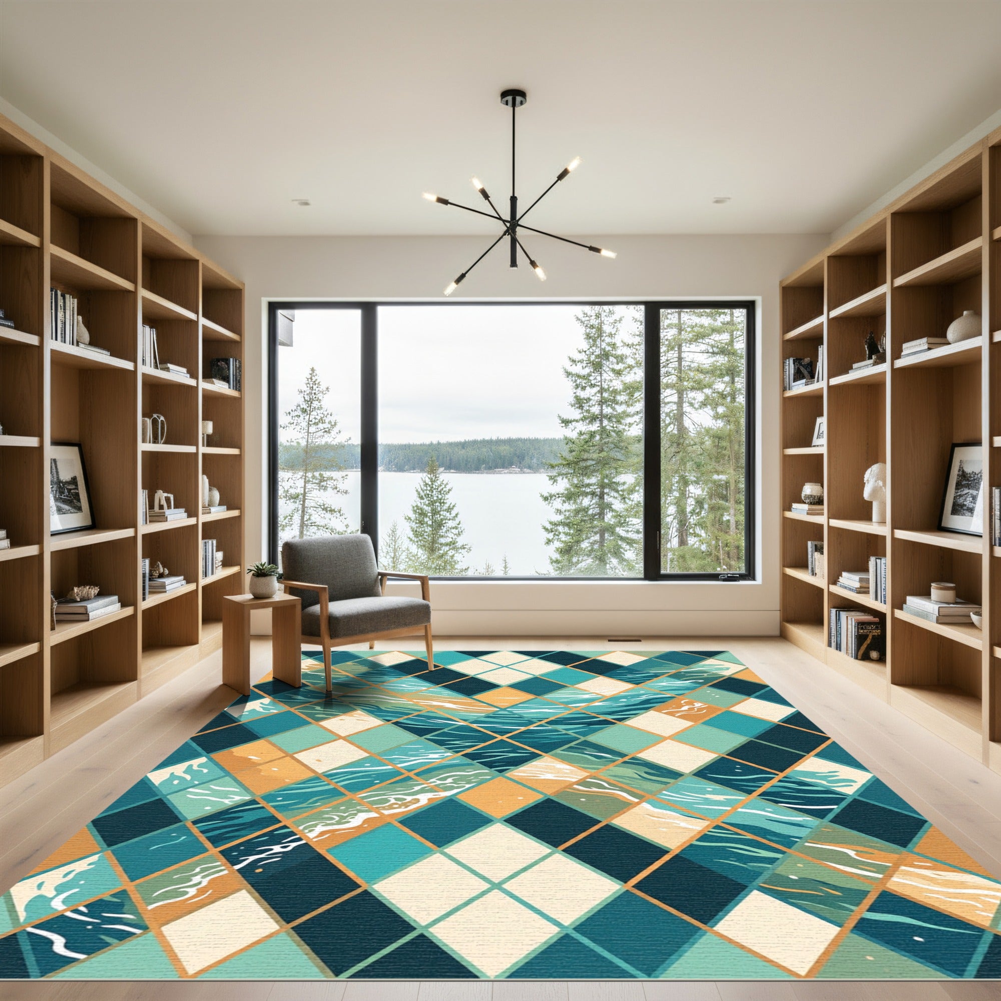 Teal and Gold Geometric Argyle Wave Rug