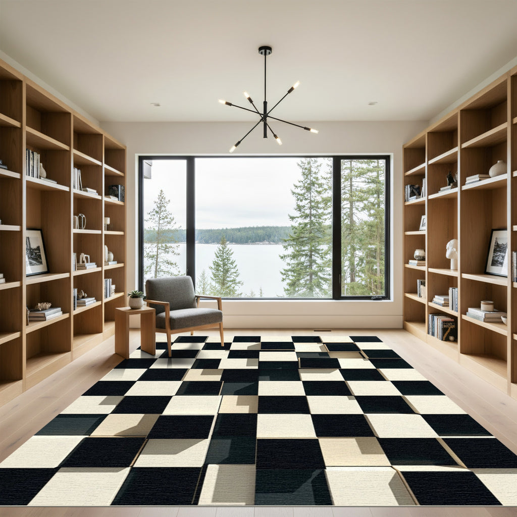 Modern Black White Checkered Volume Rug