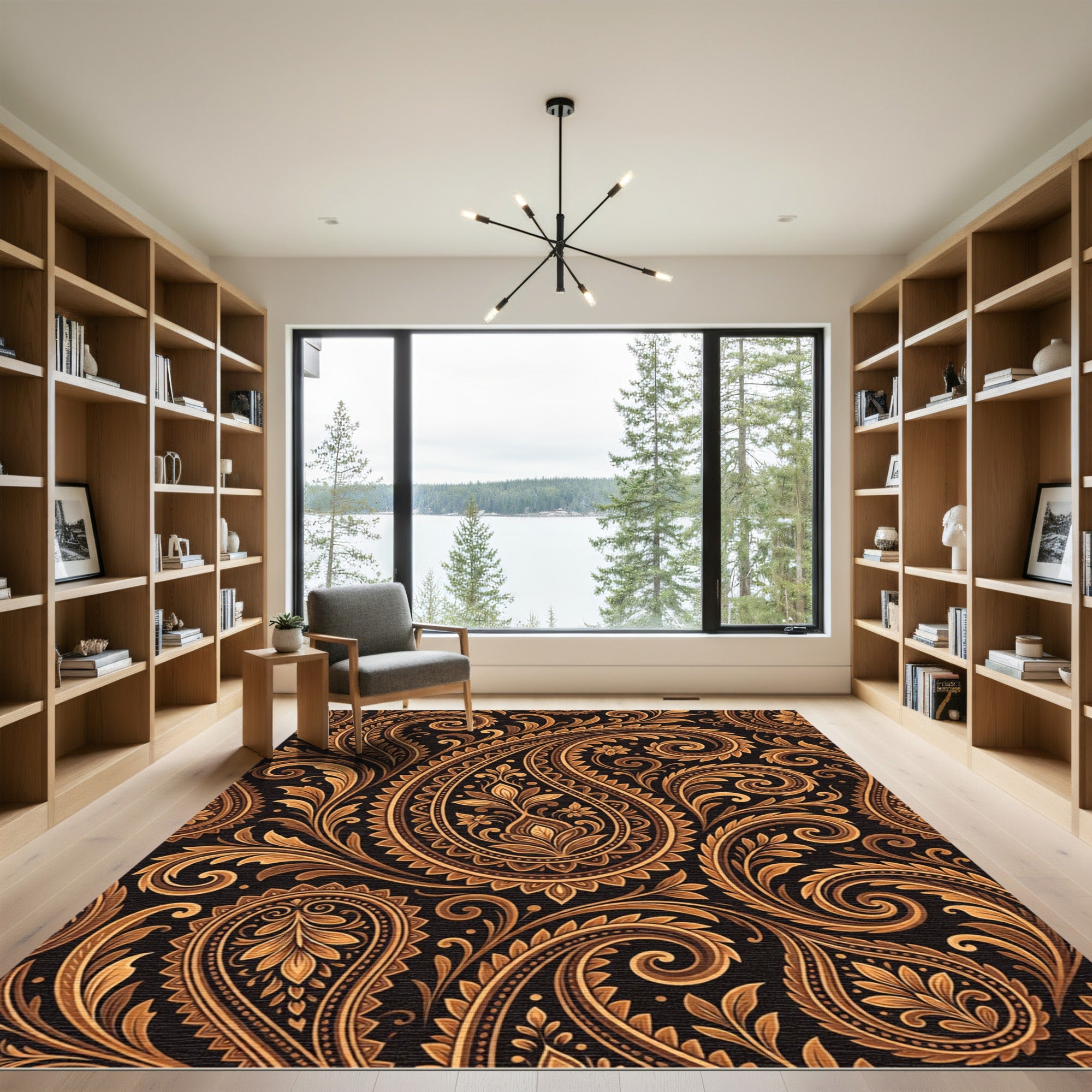 Golden Paisley Swirls on Black Rug