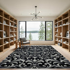 Elegant Silver Monochrome Ornate Damask Rug