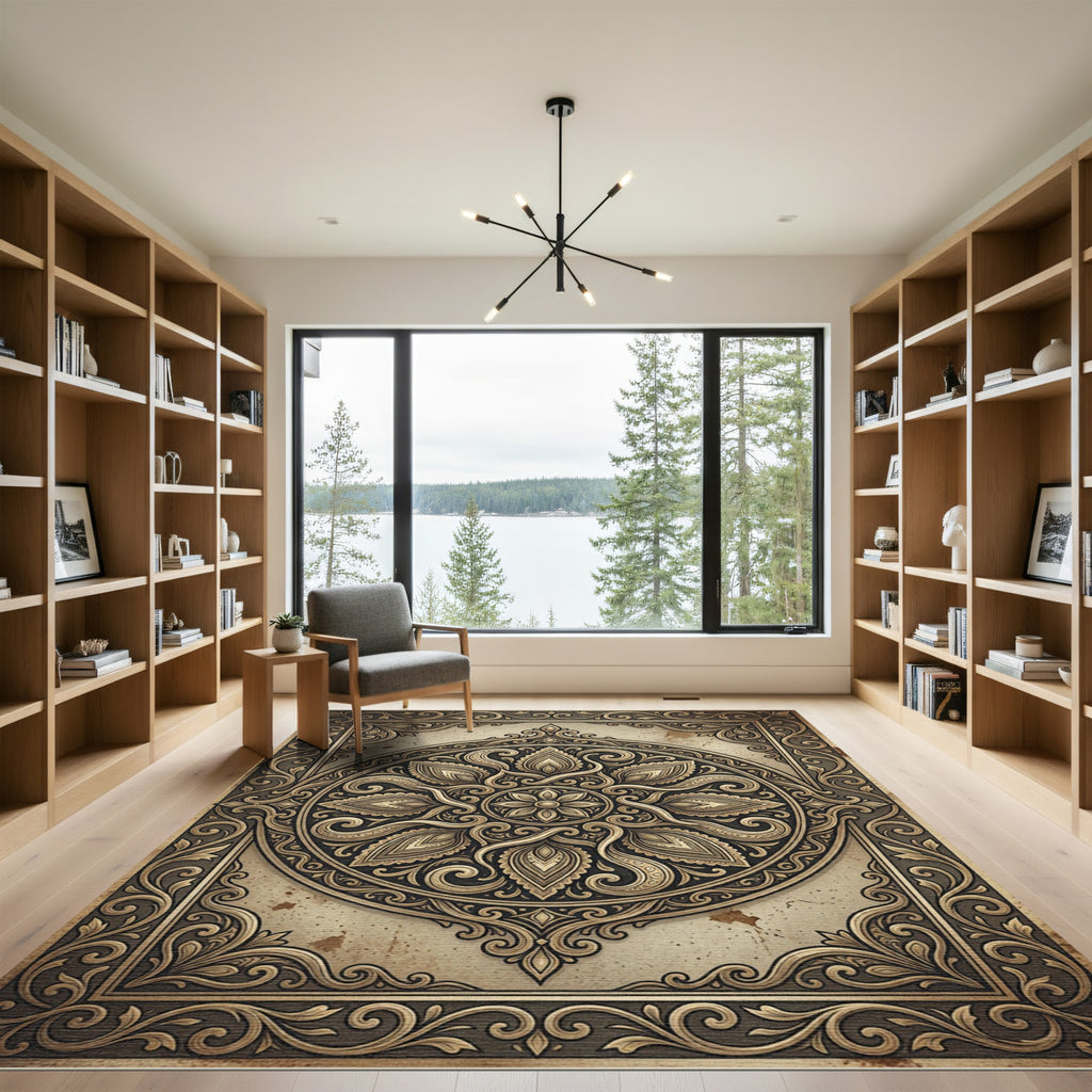 Ornate Golden Circular Floral Medallion Rug