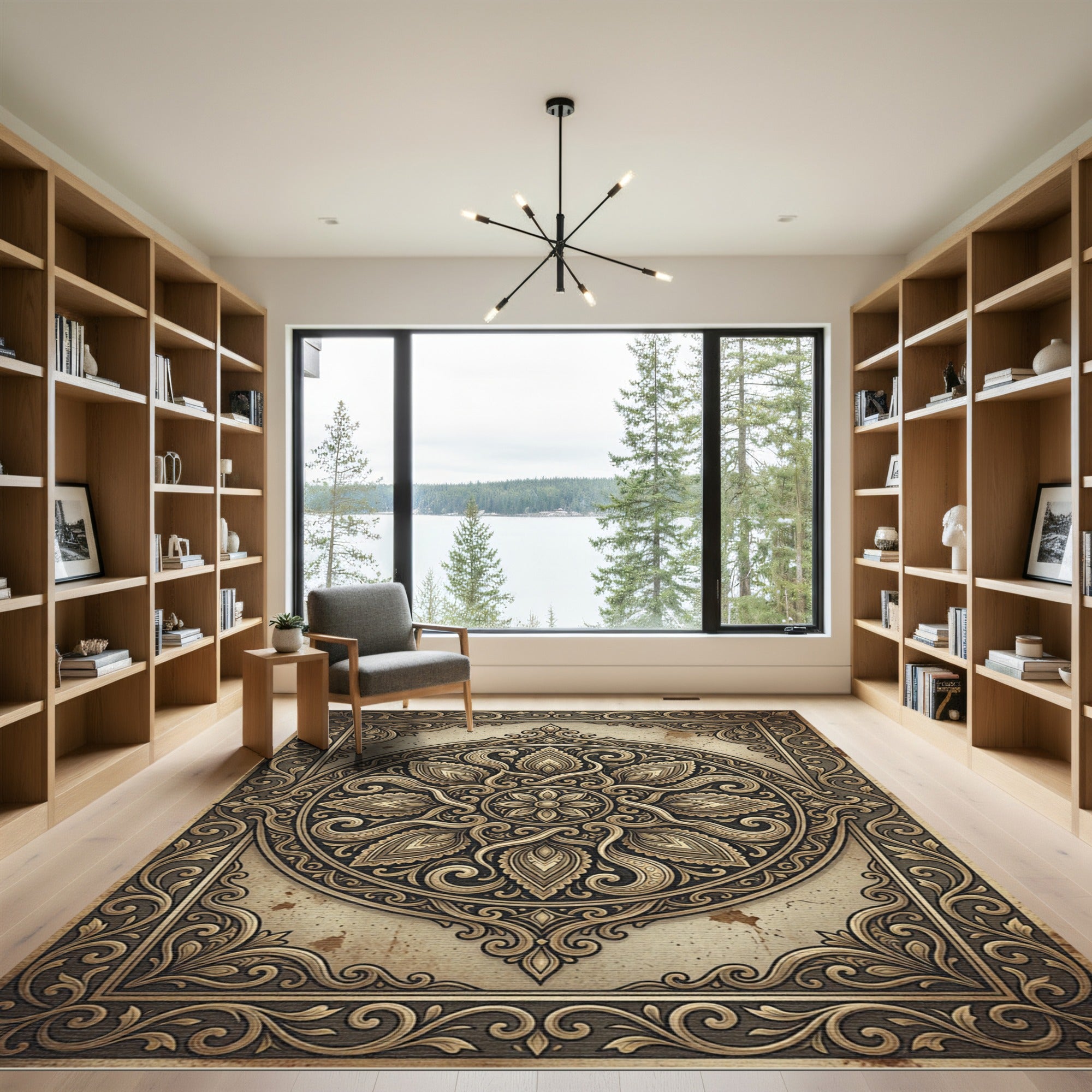 Ornate Golden Circular Floral Medallion Rug