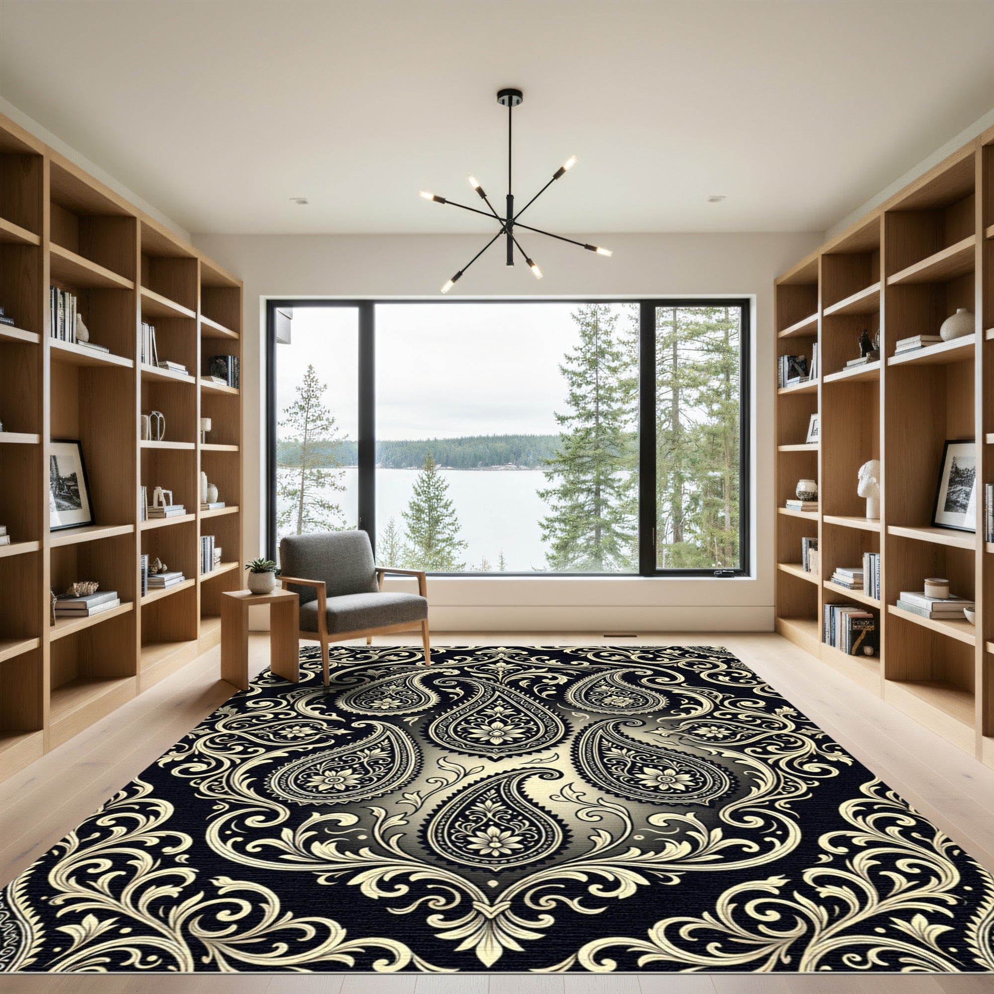 Black and Gold Paisley Floral Swirl Rug