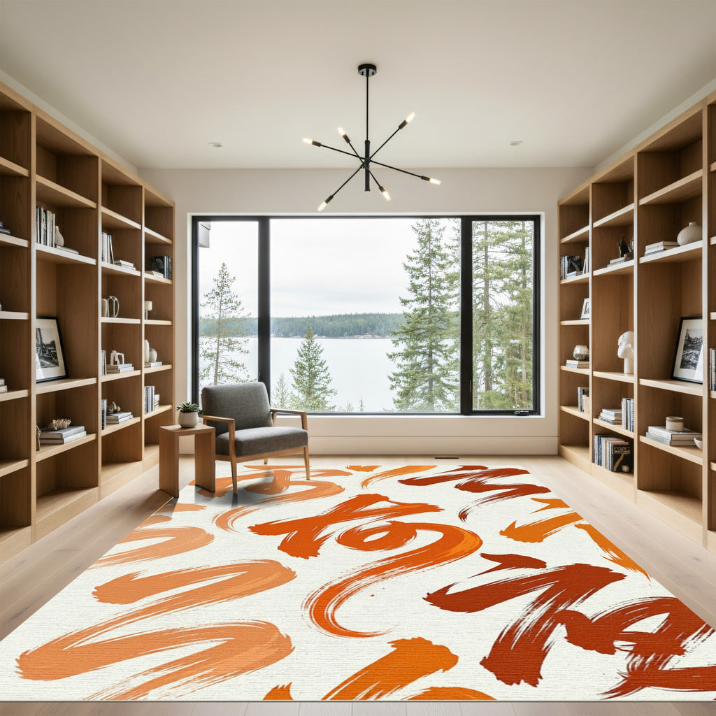 Vibrant Burnt Orange Calligraphic Brush Strokes Rug