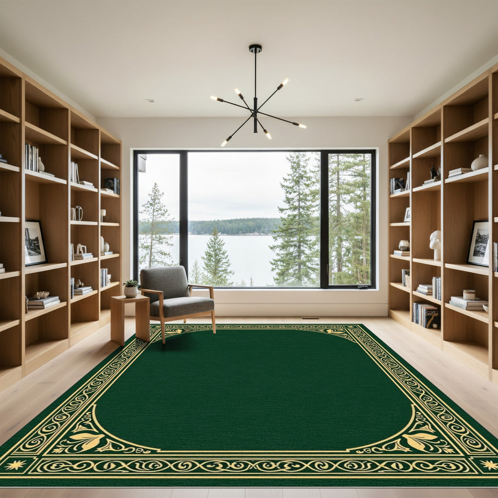 Emerald Green Golden Scroll Border Rug
