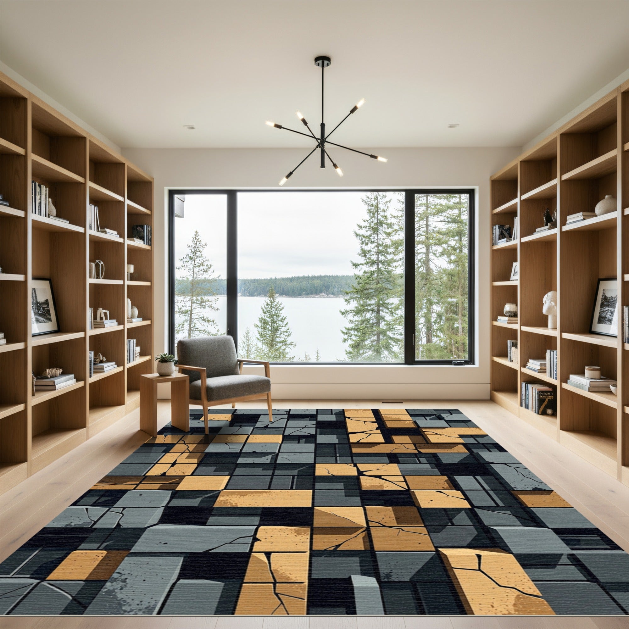 Textured Ochre and Slate Geometric Blocks Rug