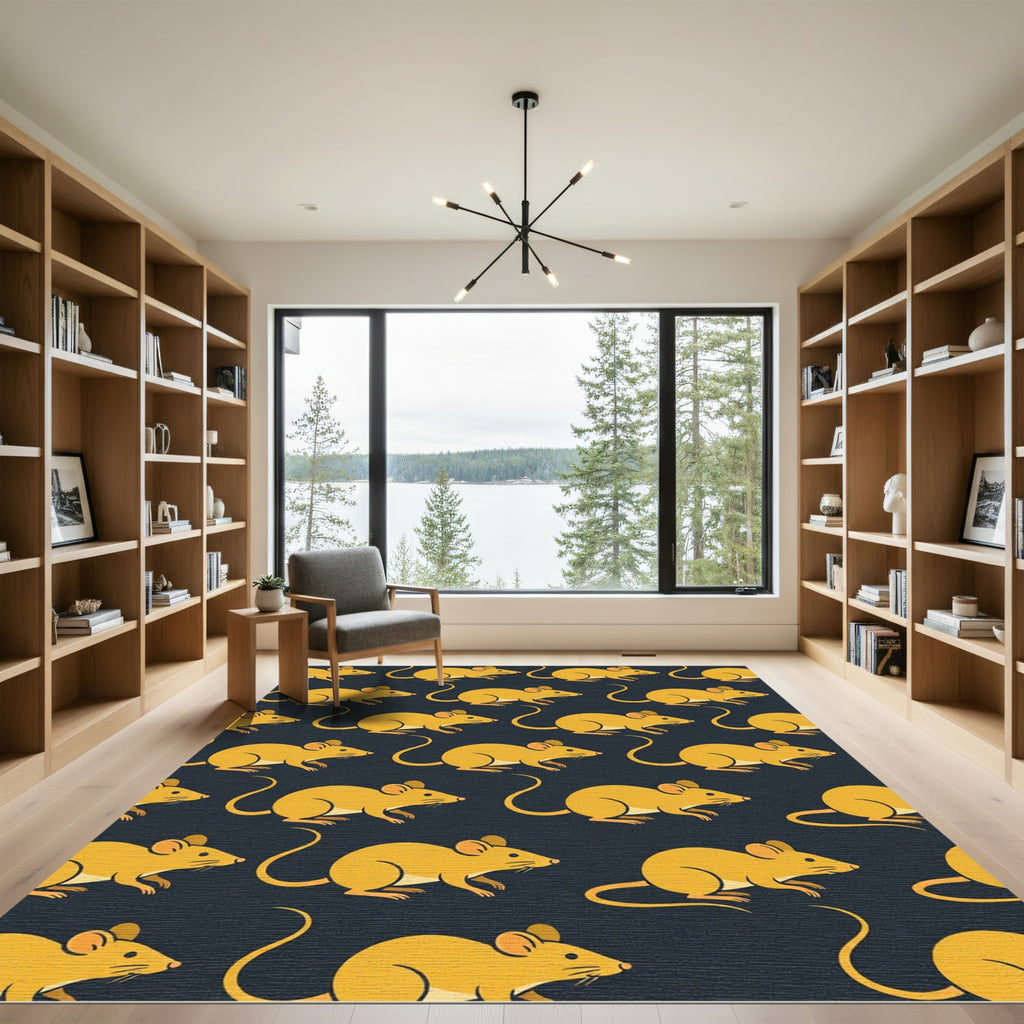 Playful Golden Mouse Dark Navy Background Rug