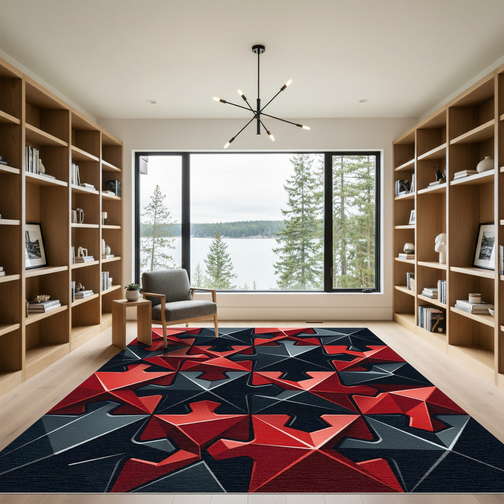 Crimson Black Geometric Interlocking Star Tile Rug