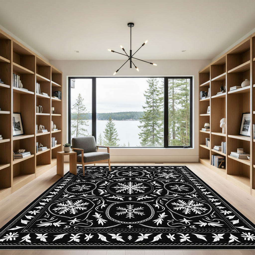 Black White Snowflake Medallion Art Rug