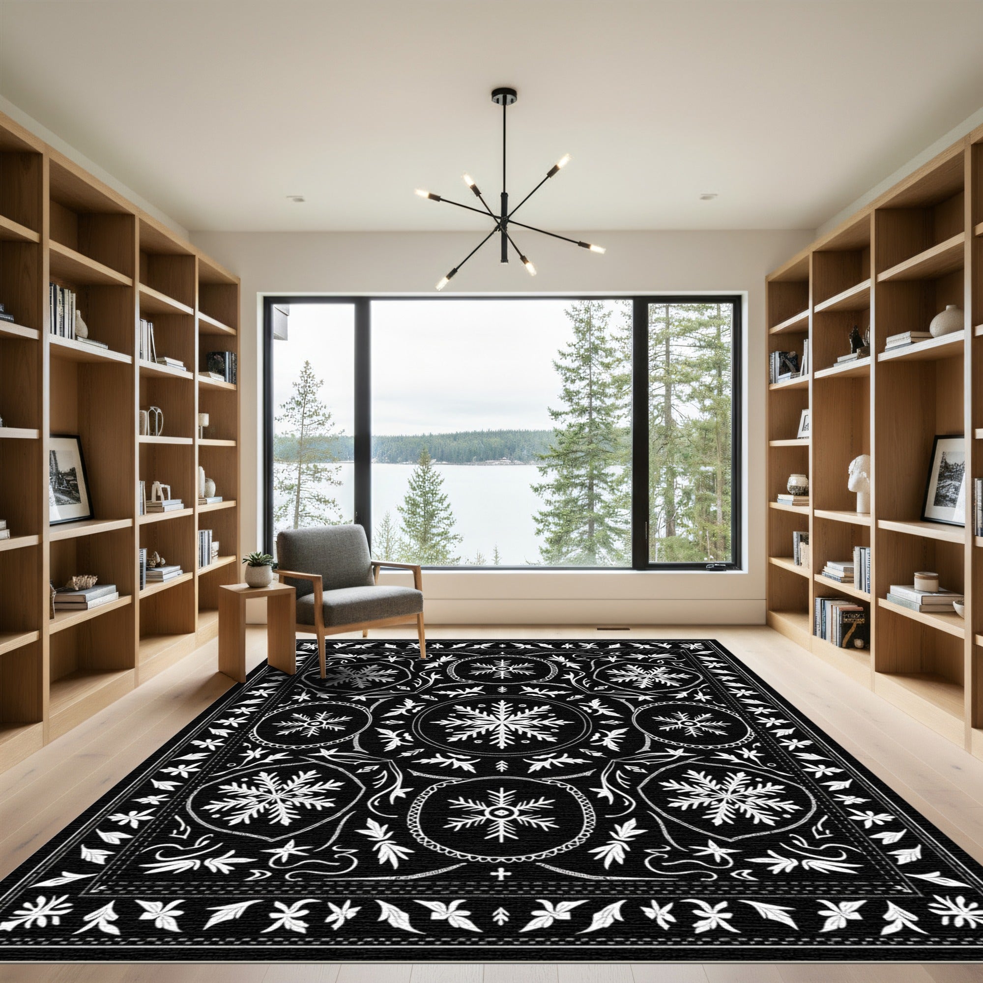 Black White Snowflake Medallion Art Rug