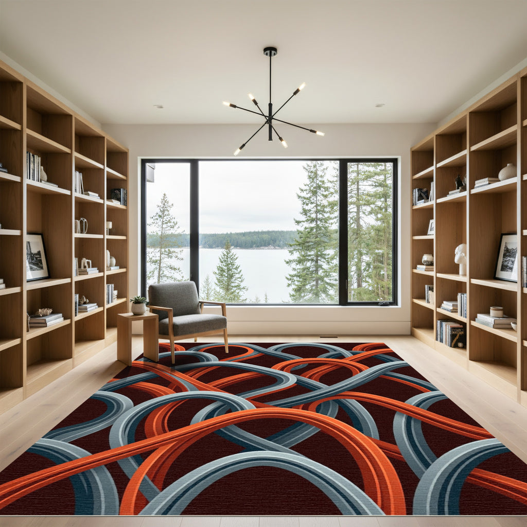 Interlocking Orange Gray Curving Lines Rug