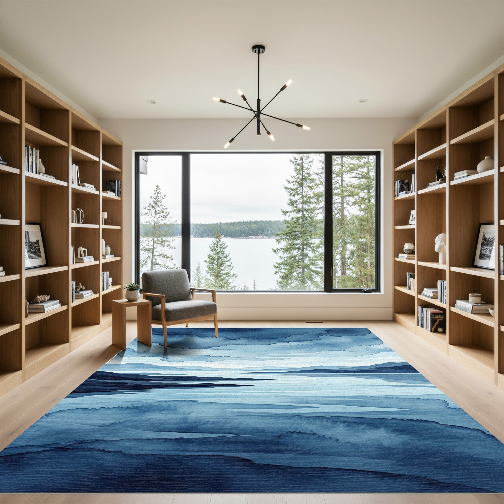 Azure Mountain Lake Watercolor Landscape Rug