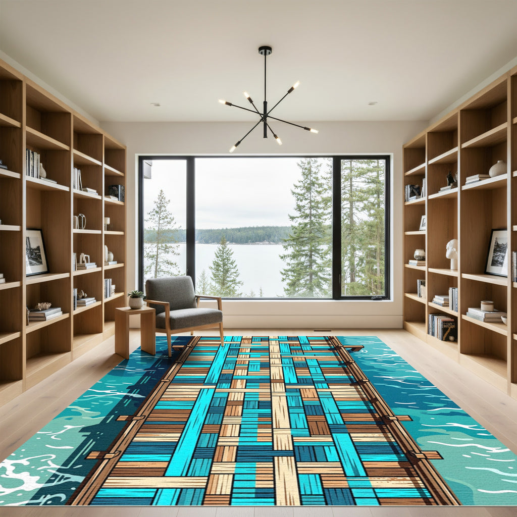 Woven Teal and Wood Tones Plaid Rug