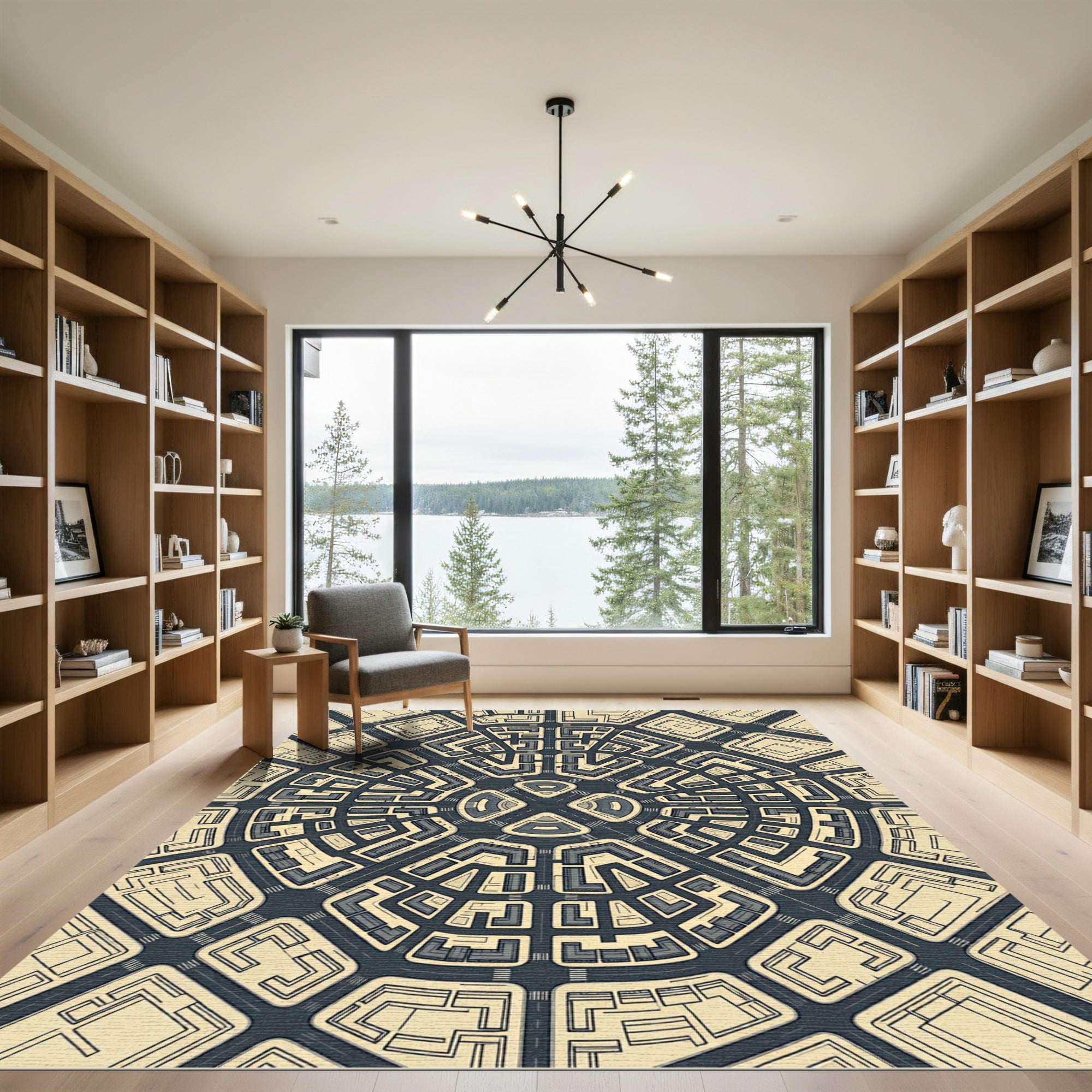 Architectural Radial Urban Grid Monochromatic Rug