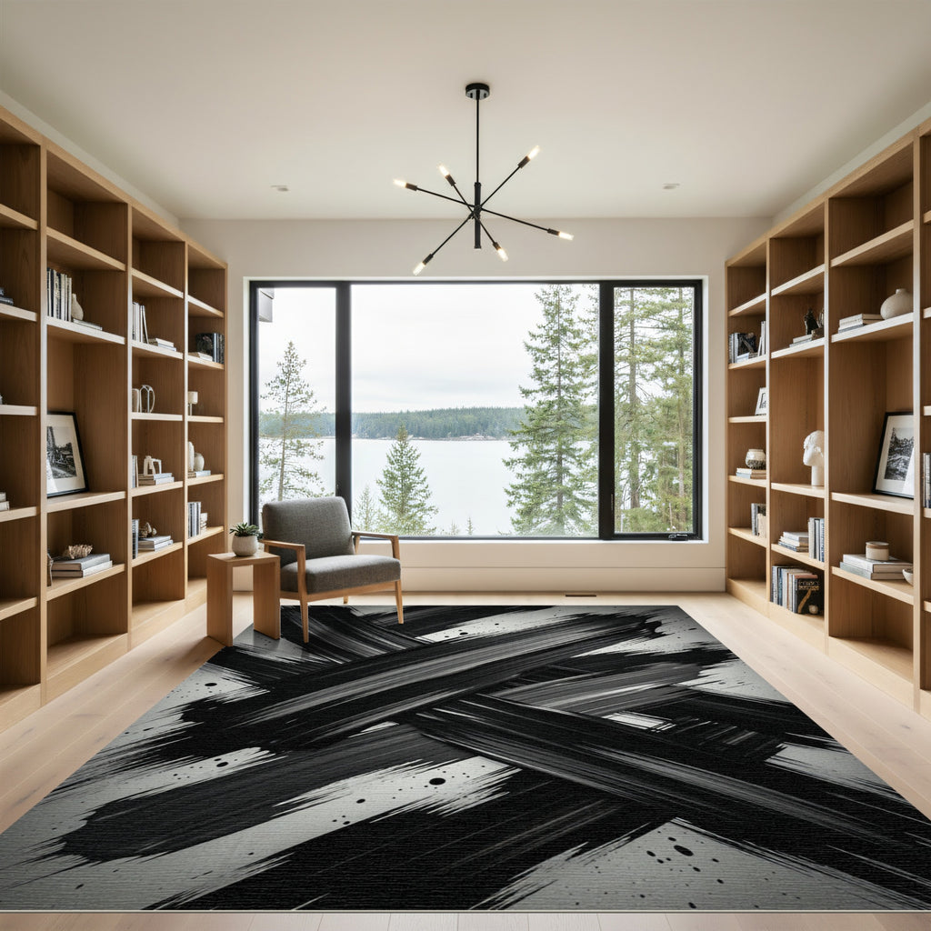 Dramatic Black and White Brushstroke Rug